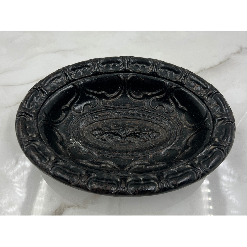 Antique Cast Iron Oval Decorative Bowl Victorian Scroll Fleur De Lis Black Tray